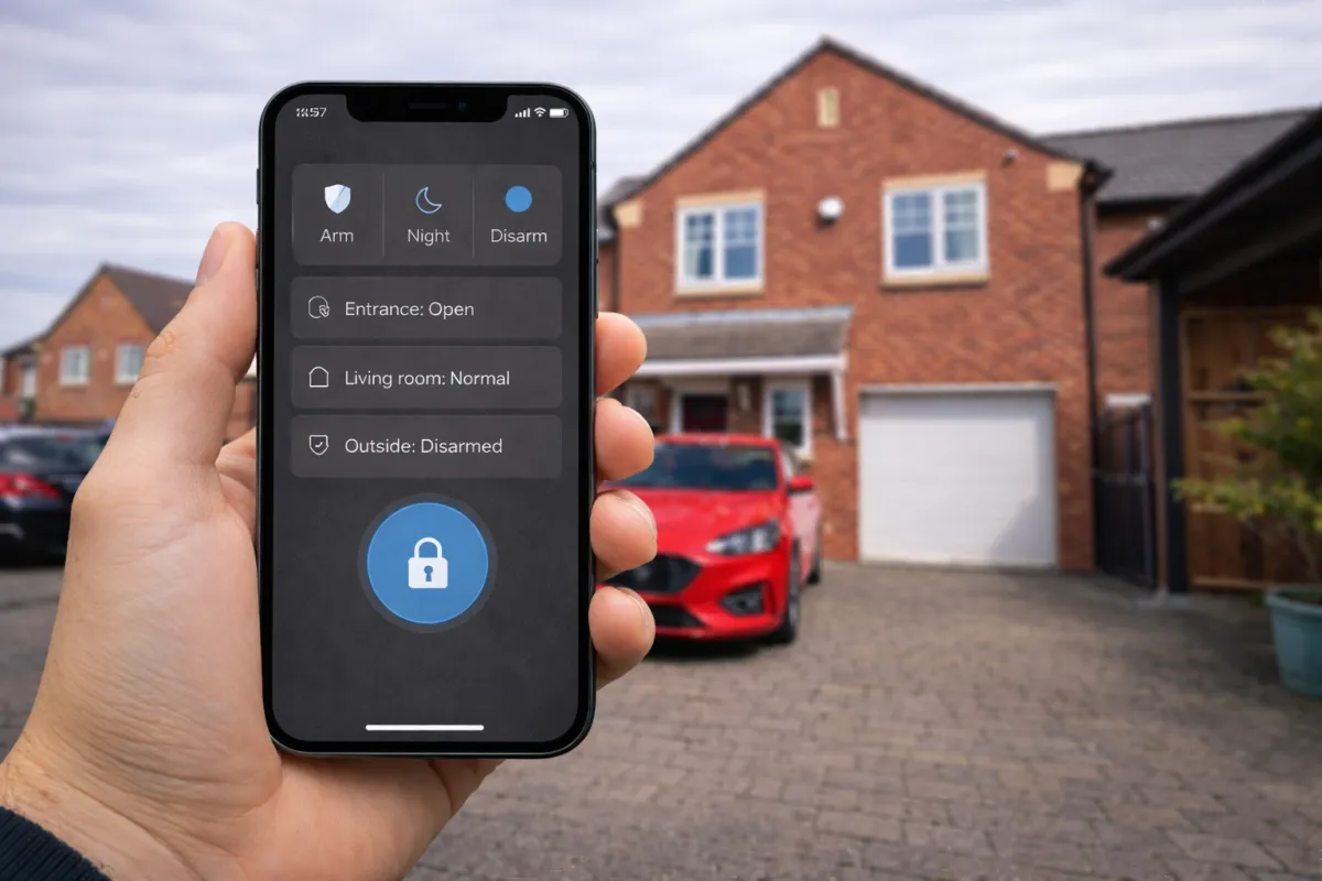Home alarm system installed connected to mobile phone for remote operation 