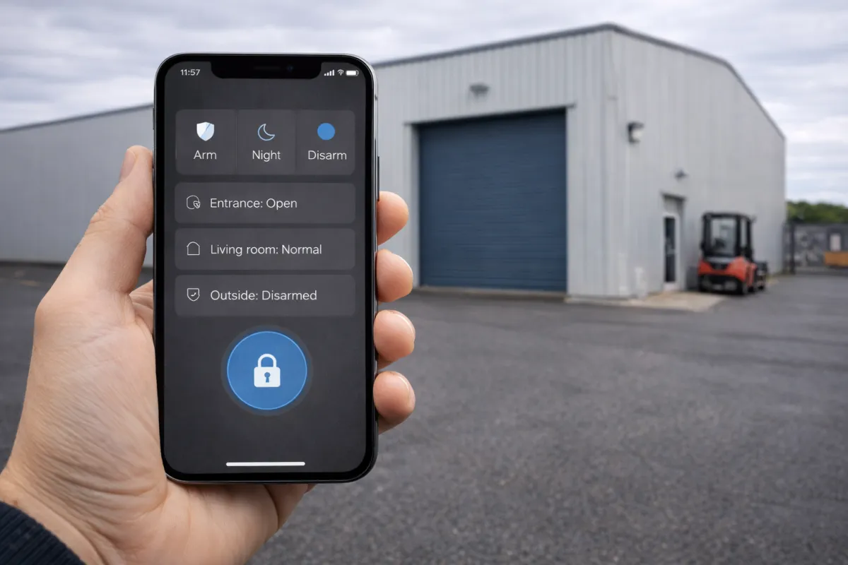 Commercial alarm installation set up on mobile phone for remote operation