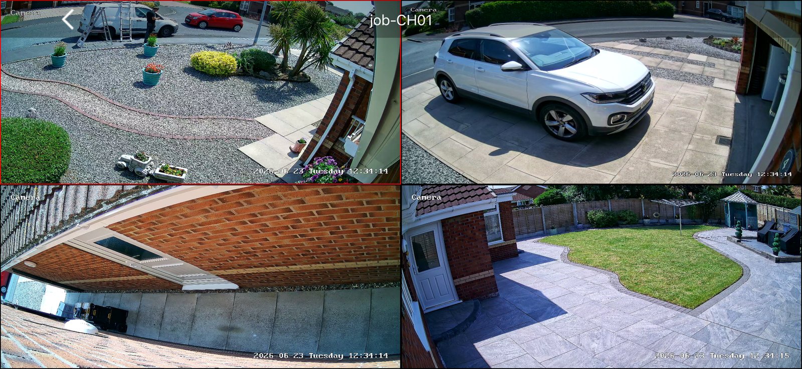Multi-camera CCTV app view showing a front garden, driveway and rear patio, installed by L&B Security
