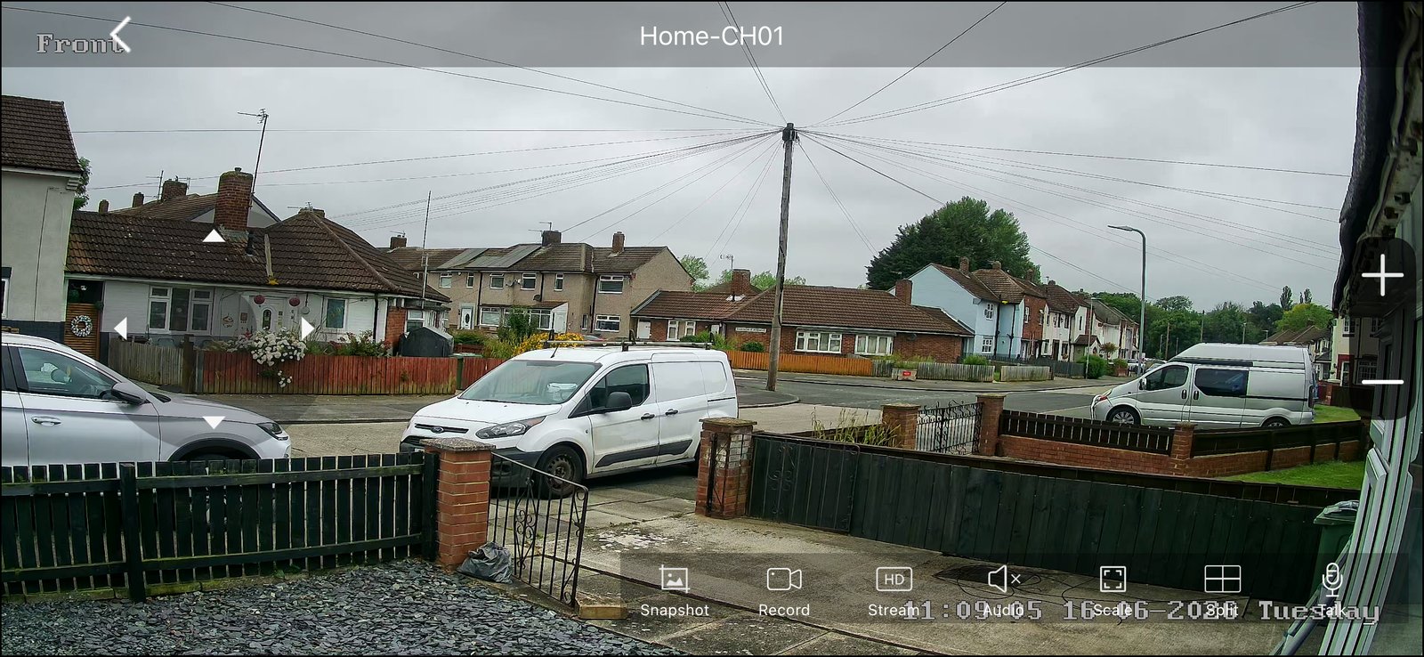 Live CCTV view on the mobile app showing the front gate and street, installed by L&B Security