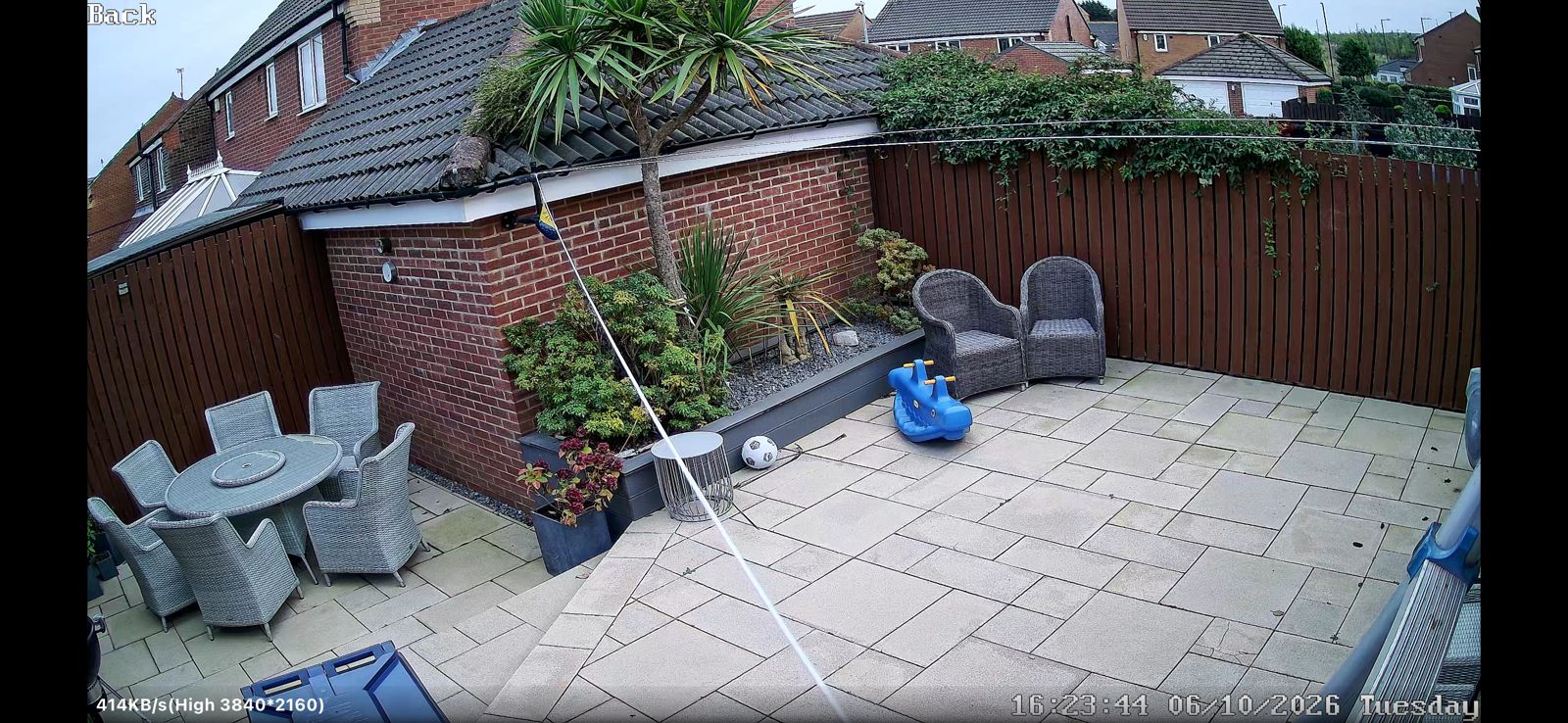 Peterlee CCTV camera view of a paved rear patio with garden furniture and a fence