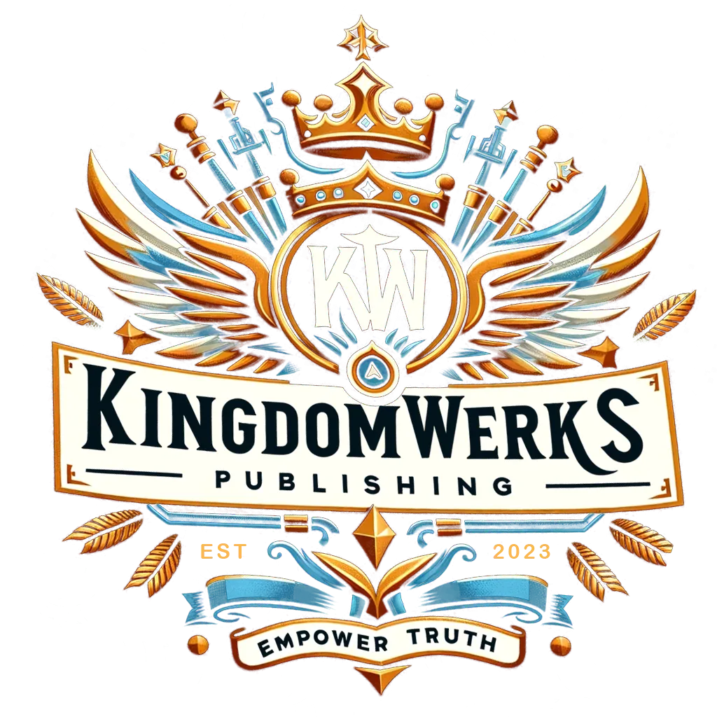 KingdomWerks Publishing company logo with gold crown and sunburst design