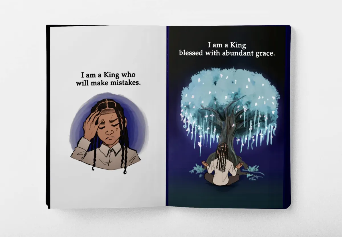 Interior spread of “I Am King” showing affirmations and illustrations of a young boy learning identity and grace.