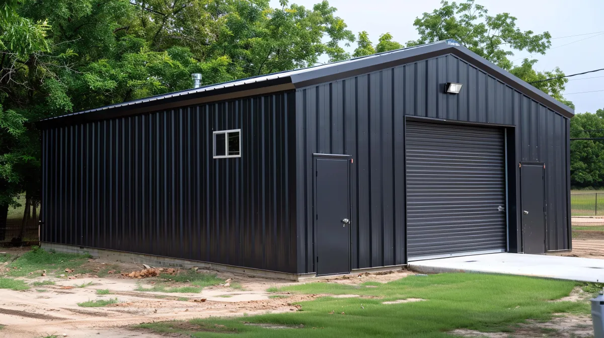 Large black metal garage building with a roll-up door, side entry doors, and a small window, set on a grassy lot.