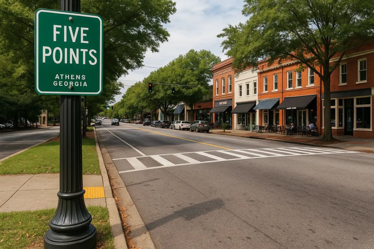 Street view of a small downtown area with shops, crosswalk, trees, and a green sign reading ‘Five Points.