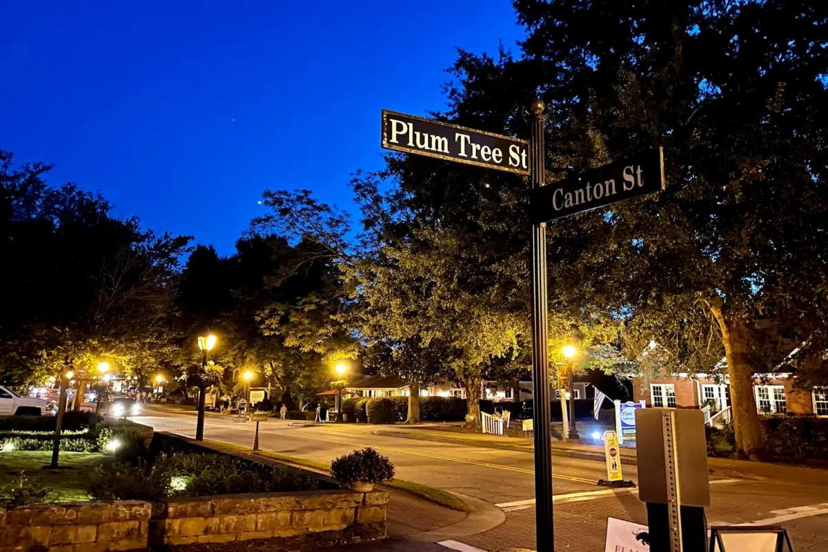 Downtown street corner at night with street signs, glowing lampposts, and trees along a well-lit road
