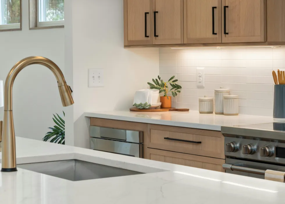 Professional kitchen remodeling project in Portland, OR with custom cabinets and quartz countertops