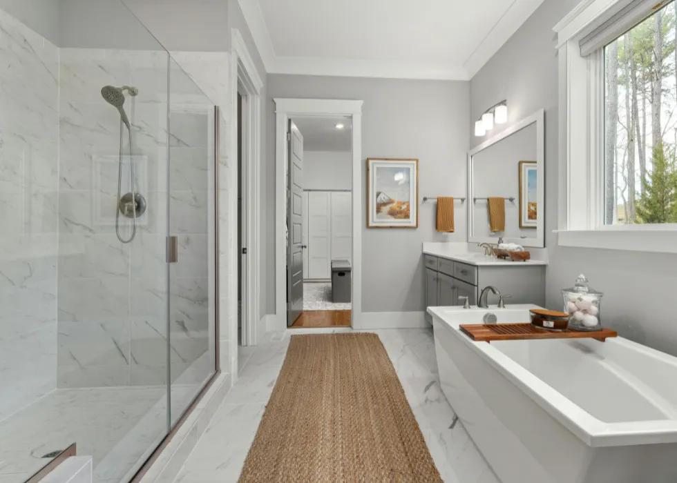 Modern bathroom remodeling in Portland featuring custom shower, vanity, and tile installation