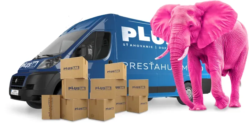 Modra dodvka s ruzovym slonom, pred ktorymi su plusim krabice