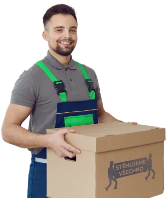 Mladý muž s krátkými vlasy a vousy, oblečený v šedém tričku a modro-zelených pracovních kalhotách s kšandami, drží kartonovou krabici s logem "STĚHUJEME VŠECHNO" v dobře osvětlené místnosti s výhledem na přírodu skrz velká okna. V pozadí jsou vidět další krabice připravené k přestěhování.