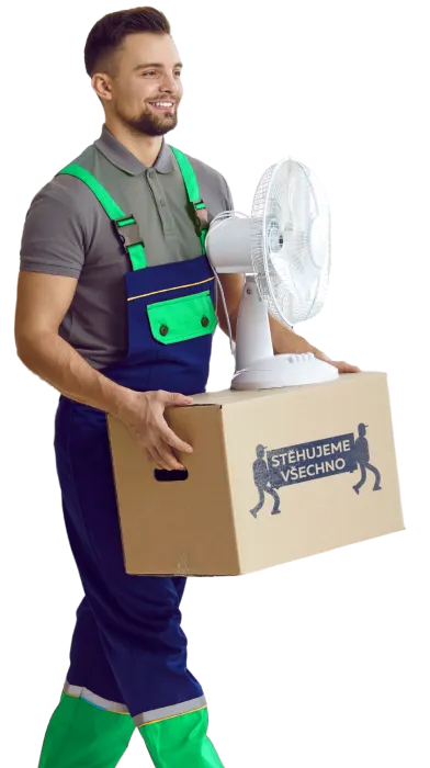 Mladý muž s krátkými vlasy a vousy, oblečený v šedém tričku a modro-zelených pracovních kalhotách s kšandami, nese kartonovou krabici s logem "STĚHUJEME VŠECHNO" a na ní je postavený stolní ventilátor