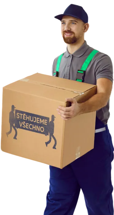 Mladý muž s krátkými vlasy a vousy, oblečený v šedém tričku, modro-zelených pracovních kalhotách s kšandami a tmavě modré kšiltovce, nese kartonovou krabici s logem "STĚHUJEME VŠECHNO"