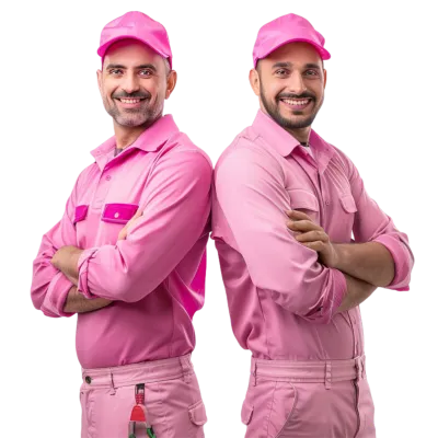 Dva usměvaví pracovníci stěhovací společnosti 'Stěhování Domů' v růžových uniformách stojí zády k sobě s rukama založenýma na hrudi, připraveni profesionálně zajistit vaše stěhování.