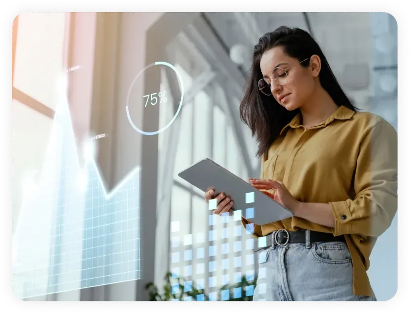 Professional analyzing performance metrics on a tablet with a 75% progress chart and data visualization overlay, emphasizing strategic insights for local SEO in Dallas.