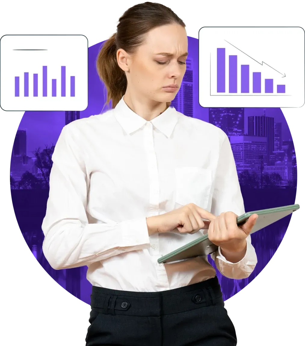 Professional analyzing declining analytics on a tablet, with bar charts and the Dallas skyline in the background, emphasizing the importance of expert Dallas SEO services to reverse negative trends and drive growth.