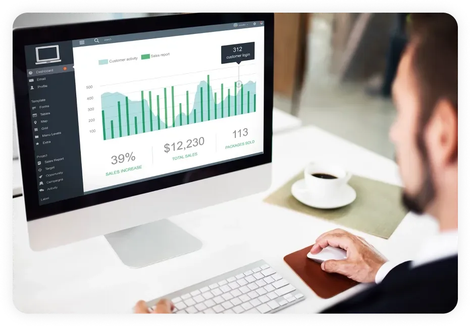 Professional analyzing business performance metrics on a desktop screen, showcasing the effectiveness of data-driven local SEO strategies in Dallas.