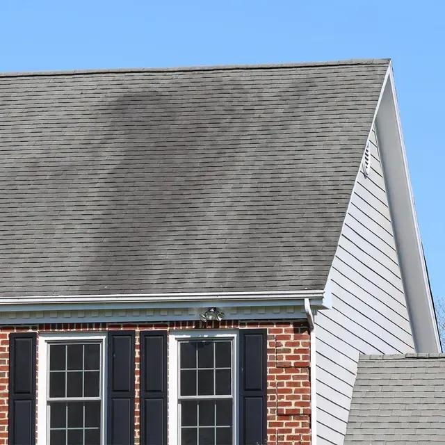 Roof soft washing service in Houston TX removing black streaks and algae from residential shingles