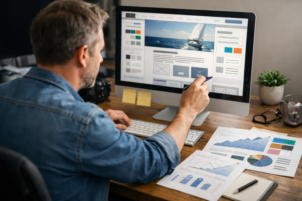 Website designer planning a high-performance SEO website with analytics charts and layout mockups