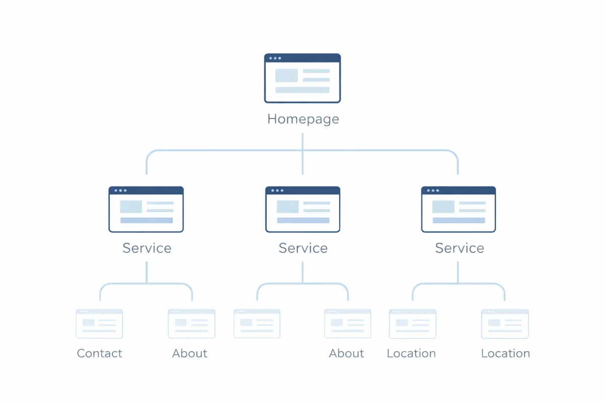 SEO structured website architecture showing internal linking between service pages