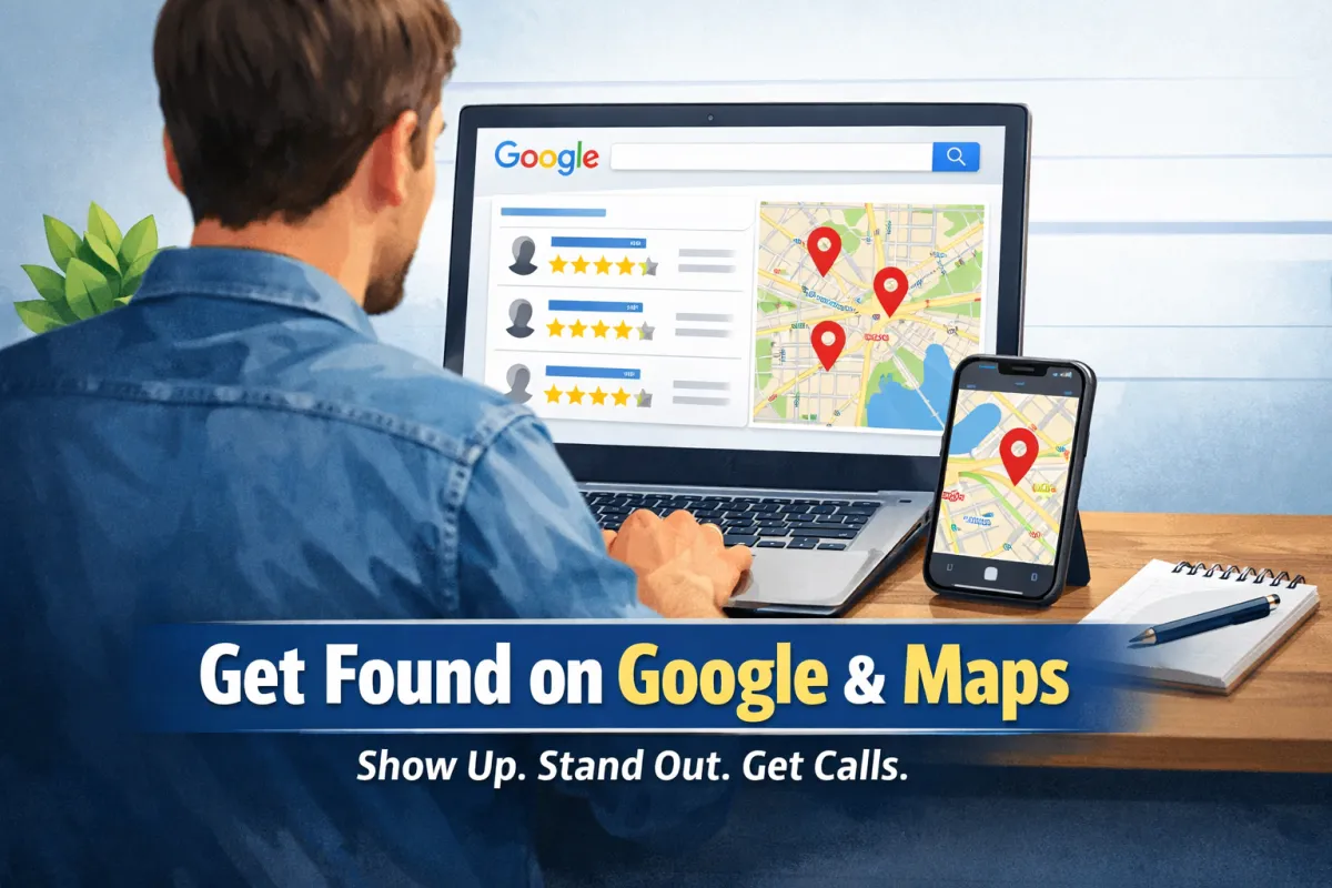 Man reviewing Google Maps search results and local business listings on a laptop, representing local SEO and Google Business Profile optimization