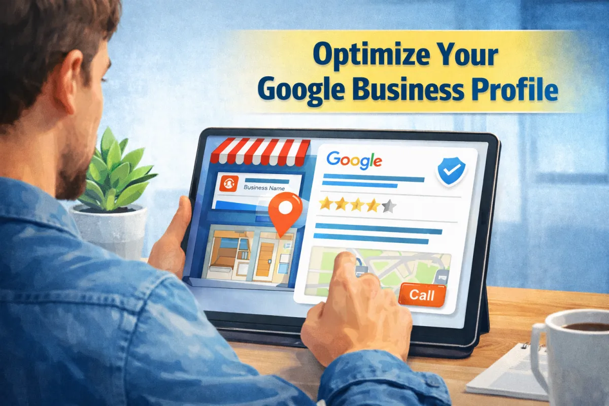 Business owner optimizing Google Business Profile listing to improve local SEO visibility and appear in Google Maps results