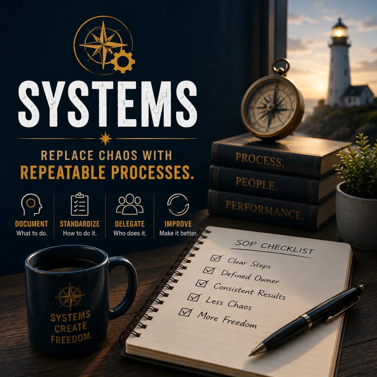 Minimal blog header illustration for an article about small business SOPs and business systems. An organized workspace with a notebook, pen, and coffee mug symbolizes documenting processes, building repeatable systems, and creating a business that runs consistently without relying on the owner.