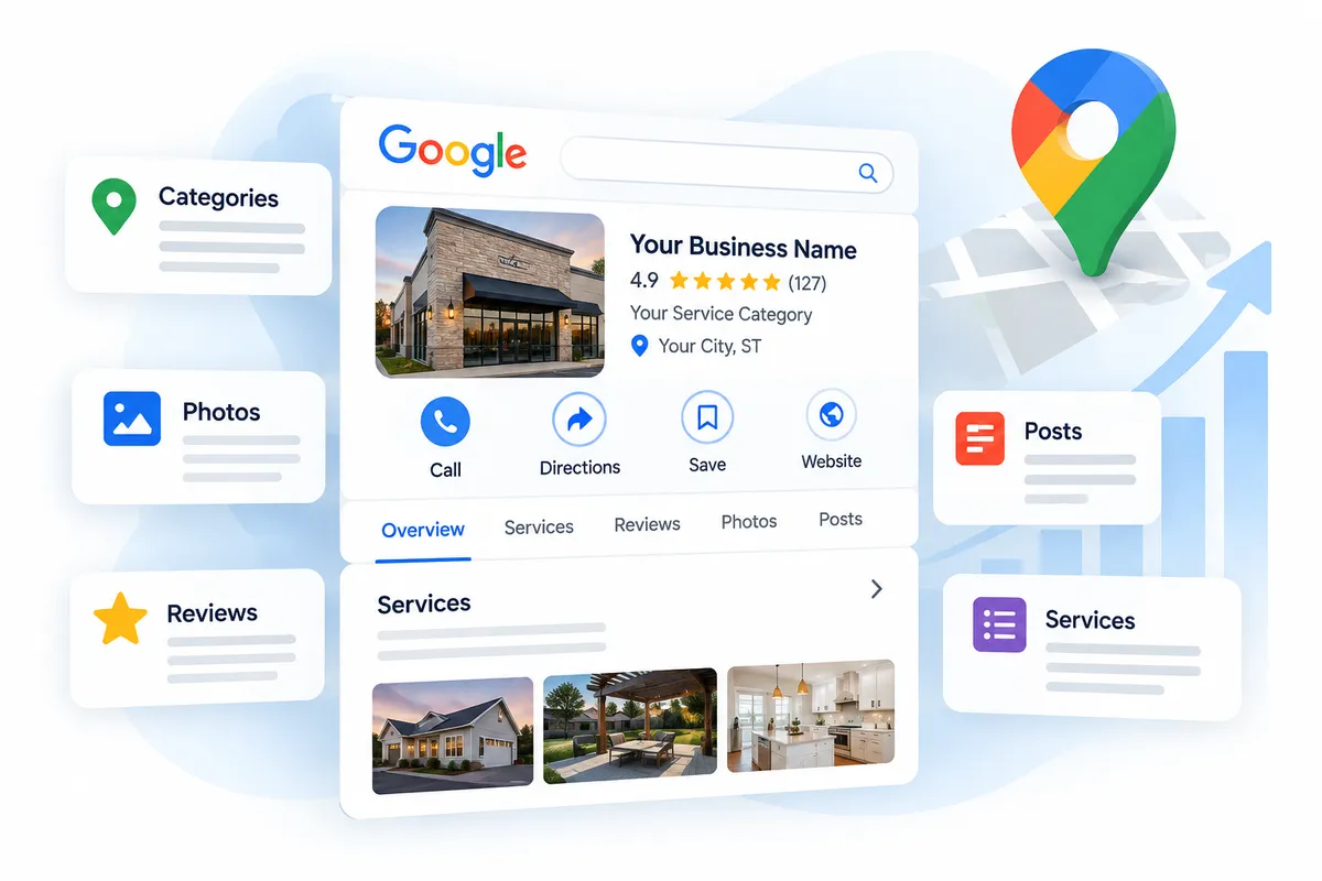 Google Business Profile showing business information, reviews, photos, services, and posts