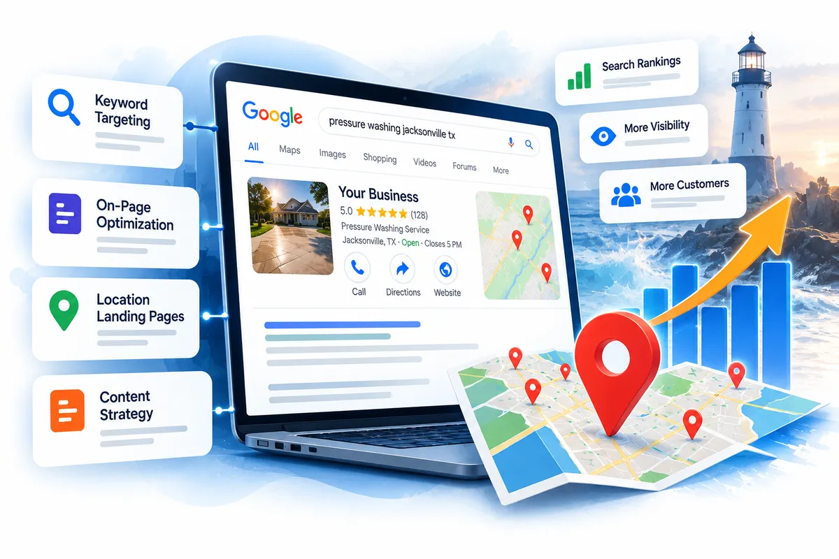 Local search results showing keyword targeting, location pages, and improved business visibility
