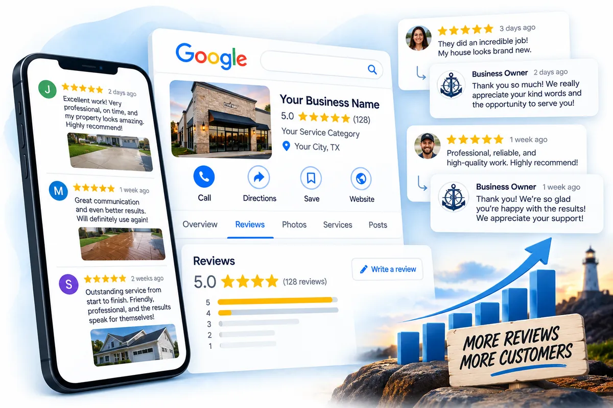Customer reviews and business responses demonstrating an active local business reputation