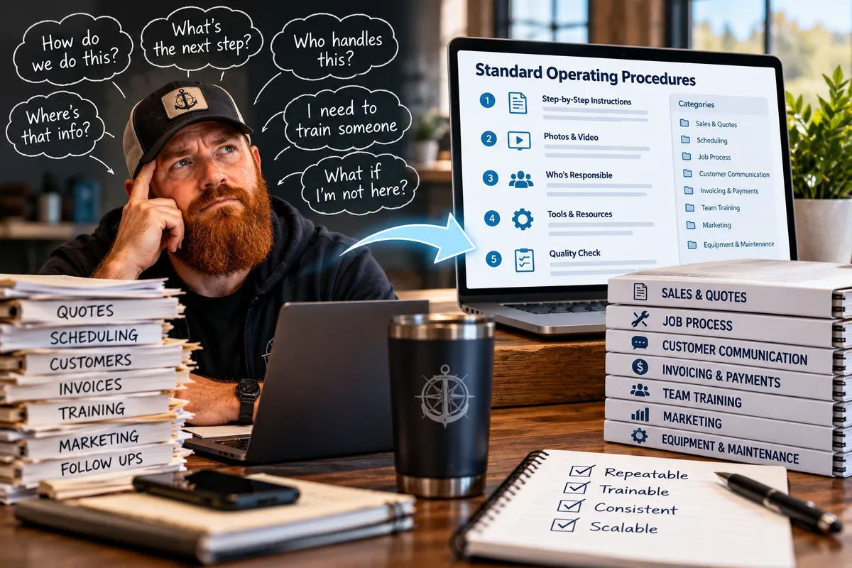 Small business owner organizing repeatable processes into documented standard operating procedures