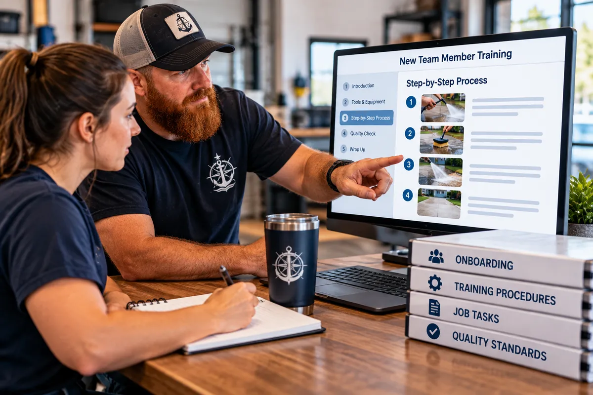 New team member learning documented business processes through a structured onboarding and training system