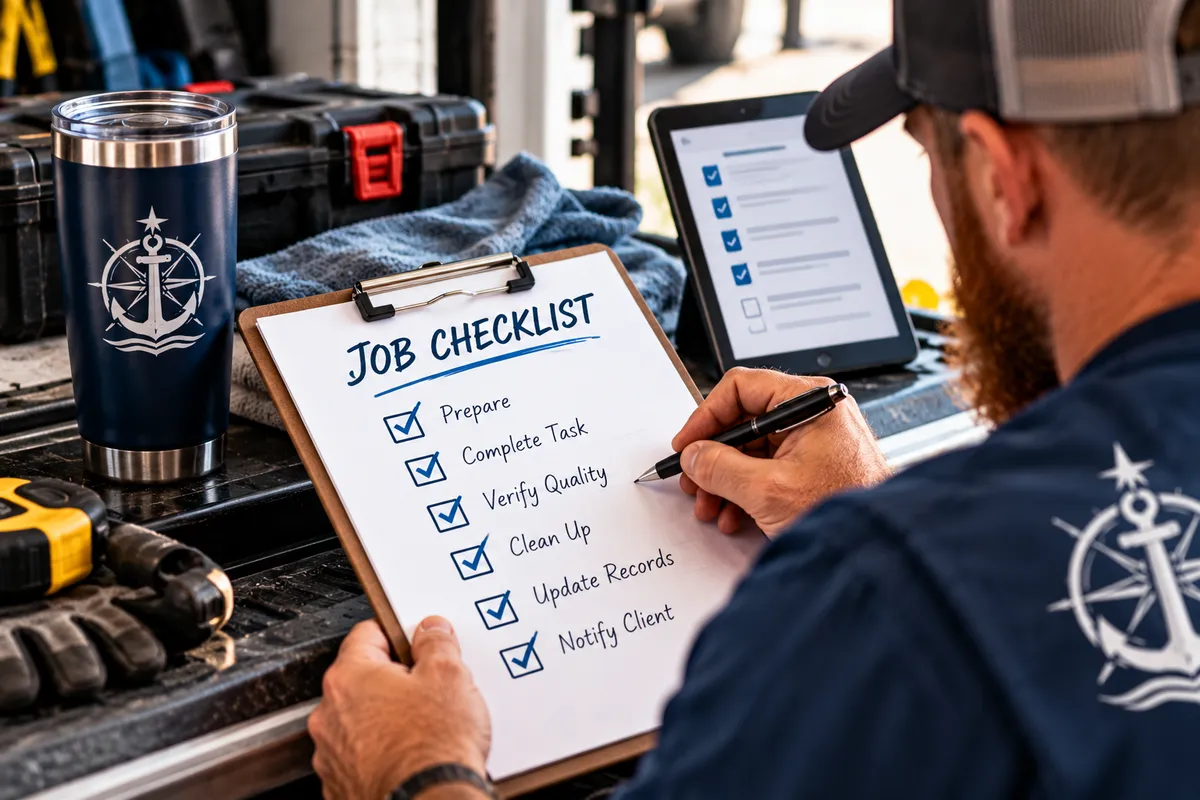 Service business employee using a job checklist to verify work quality and complete each required step
