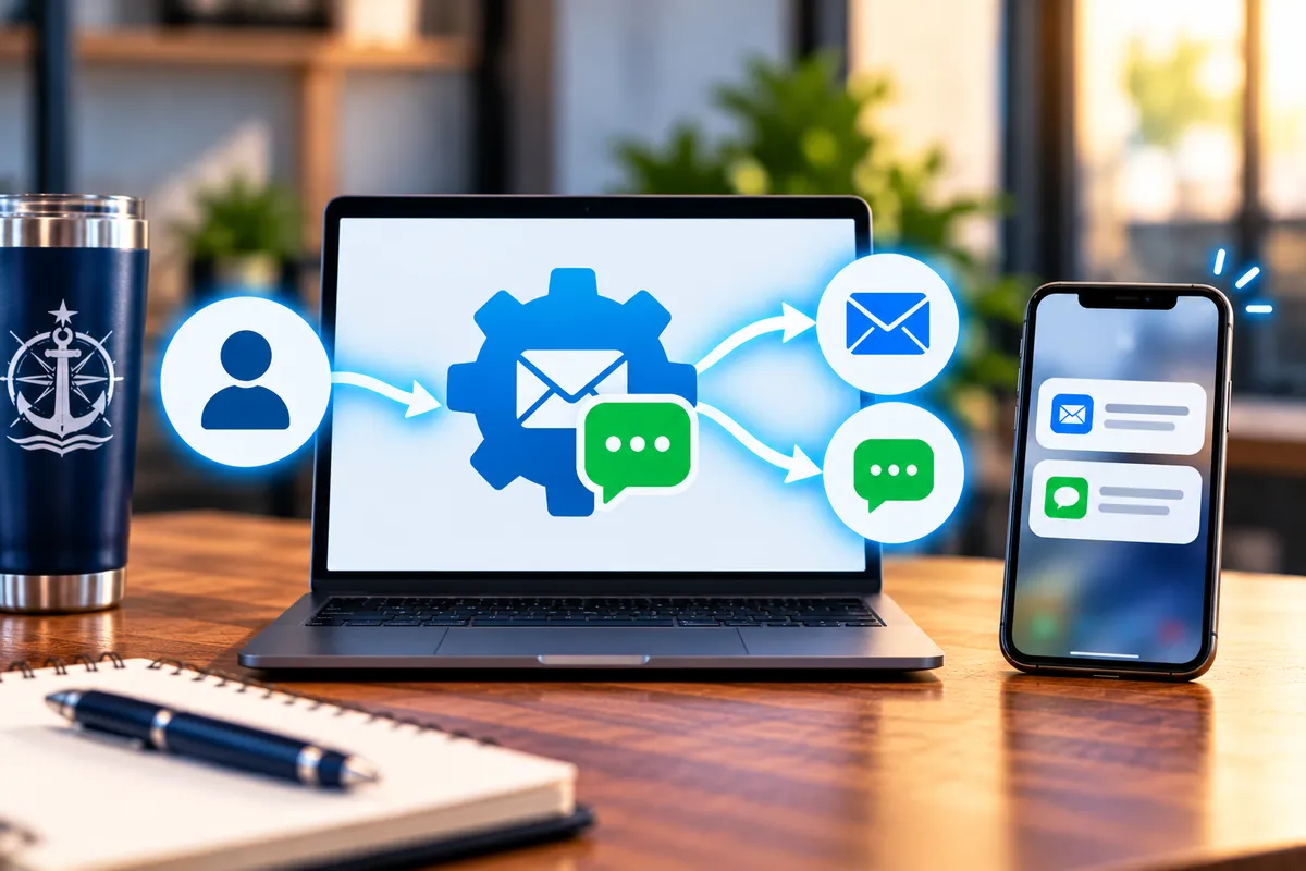 Automated email and SMS workflows sending follow-up messages to business leads and