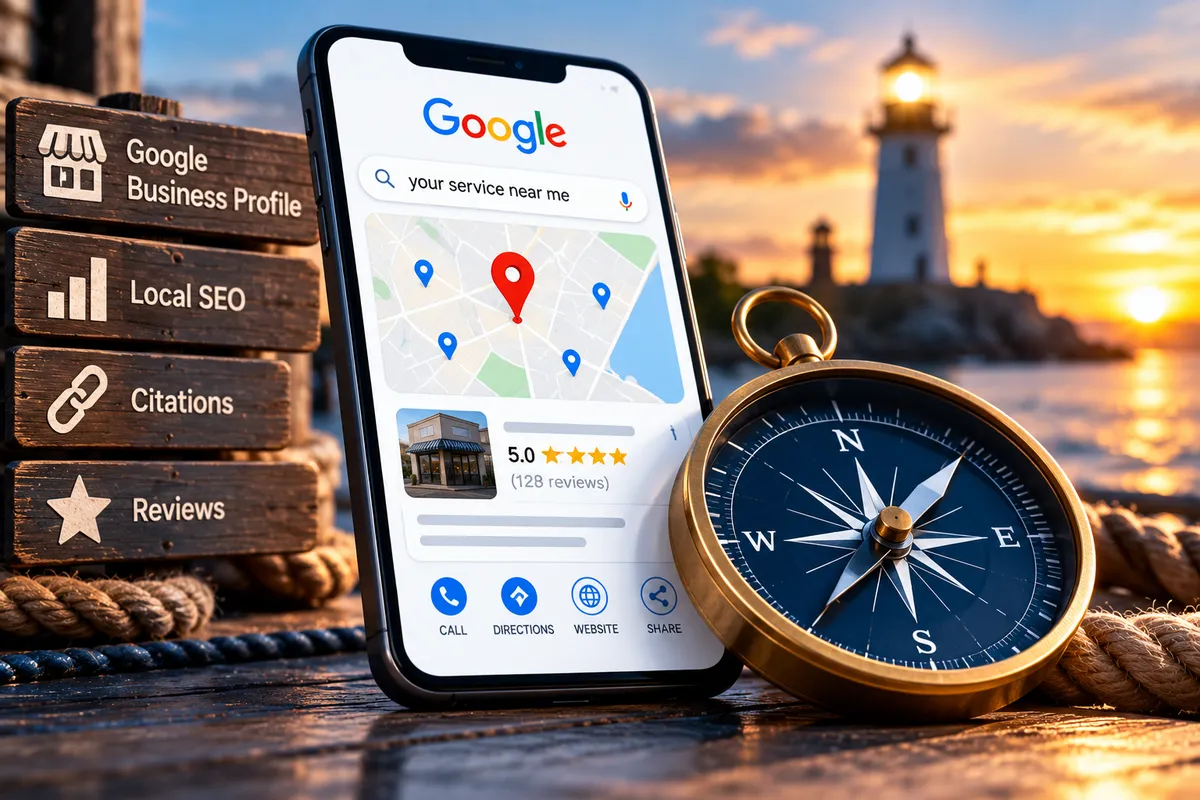 Google local search results, business reviews, and a nautical compass illustrating the Visibility stage of the Set Sale Framework
