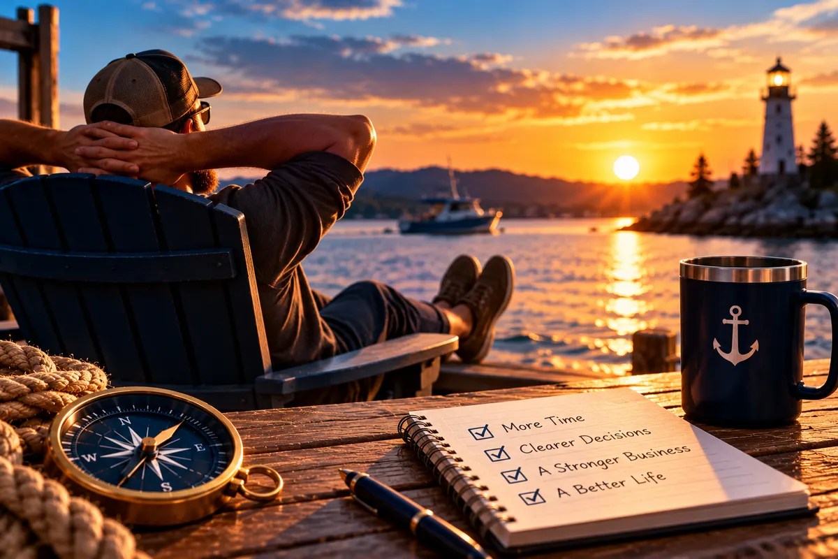 Business owner relaxing by the water at sunset, representing the freedom and work-life balance made possible by business systems and automation