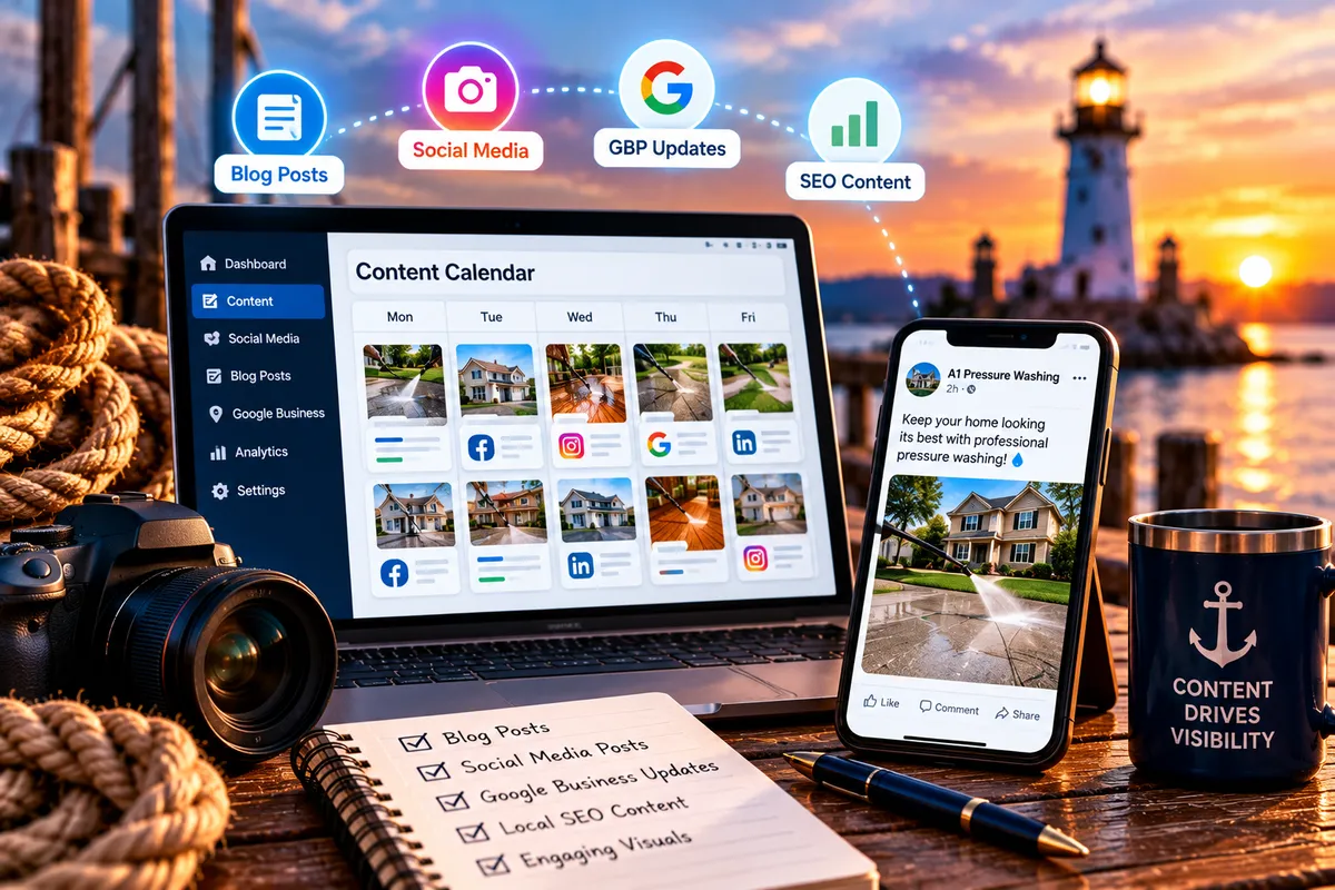 Strategic content calendar organizing social media posts, Google Business Profile updates, and SEO content for a local business