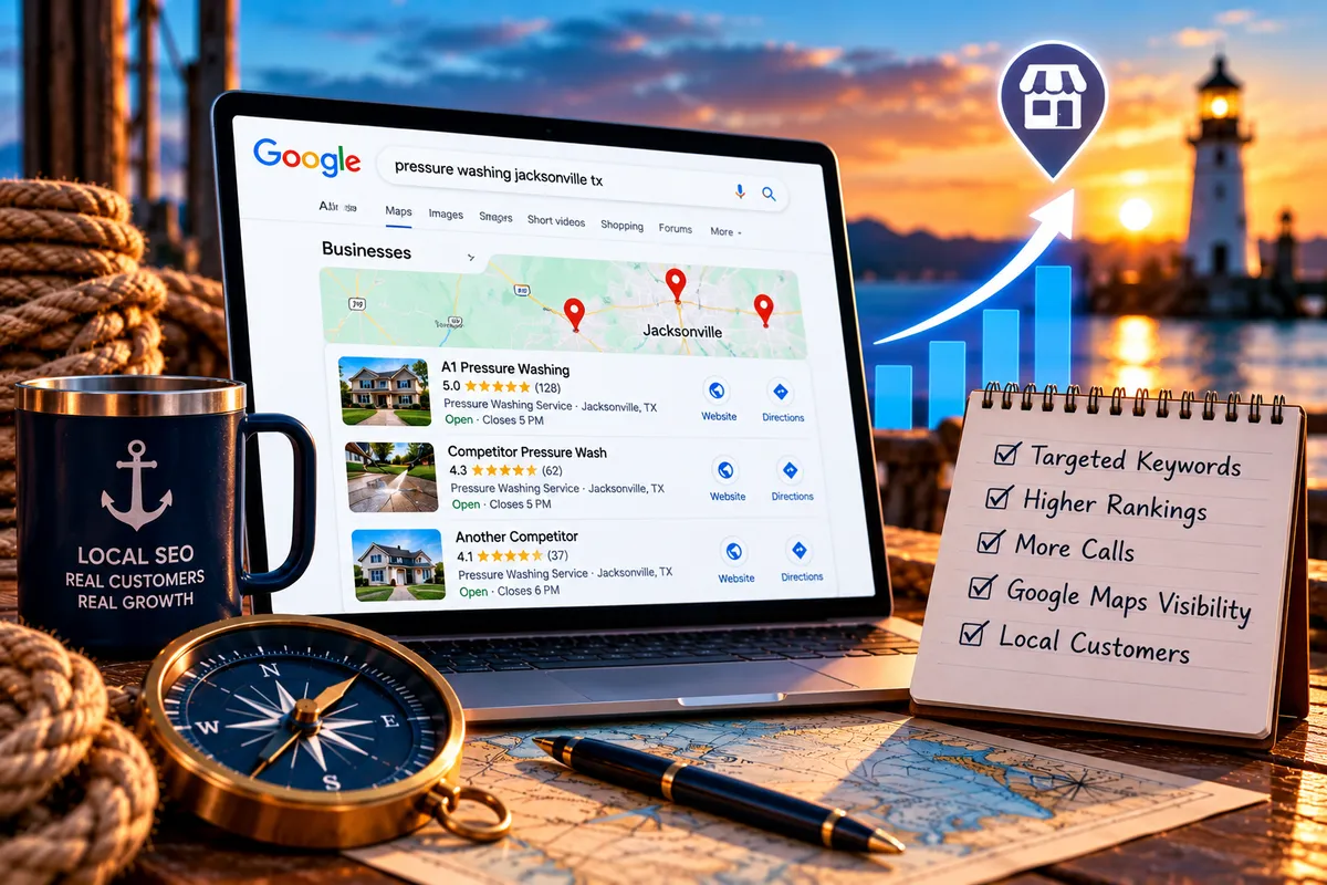 Google local search results and Maps listings illustrating targeted keyword optimization and improved visibility for local service businesses