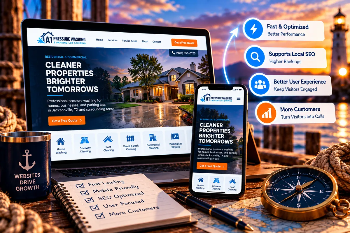 Responsive website design displayed on desktop and mobile, highlighting fast performance, local SEO optimization, and customer conversions