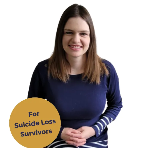 woman smiling with text "for suicide loss survivors"