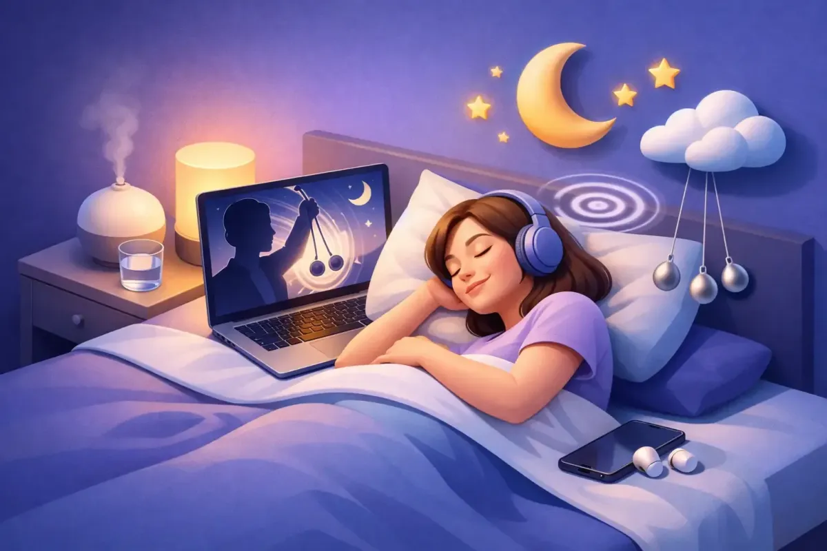 Woman sleeping soundly with headphones on