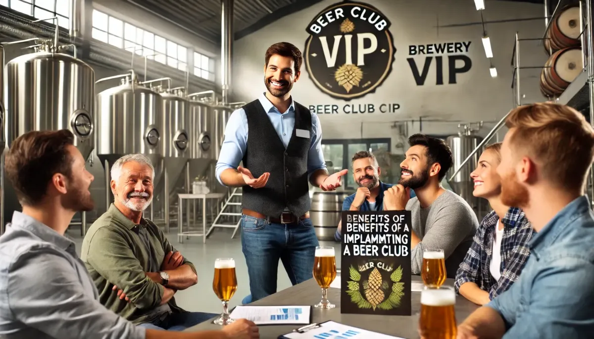 Confident representative from Beer Club VIP explaining benefits to brewery owners.