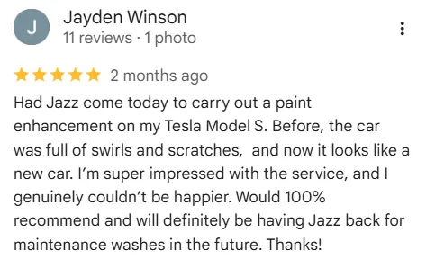 a 5 star google review for a car detailing business