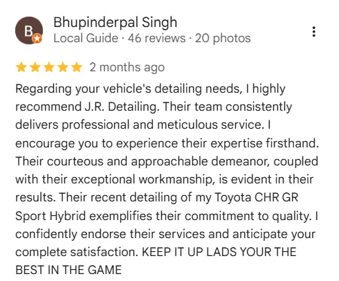 a 5 star google review for a car detailing business