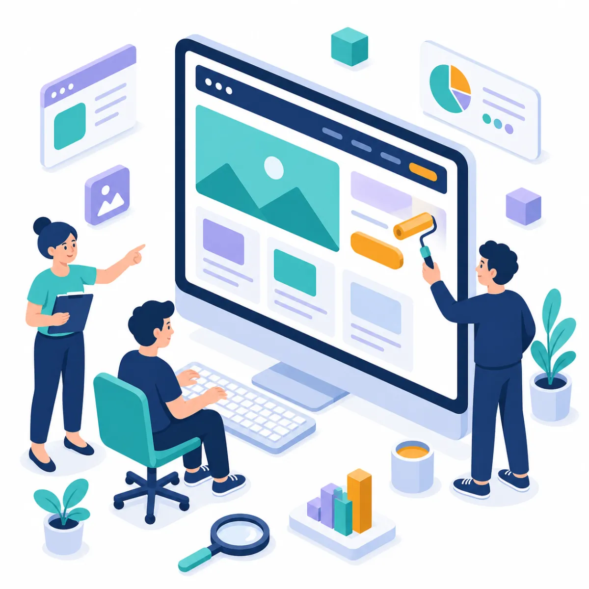 A team of designers and developers collaboratively building a custom website for a Chicagoland small business