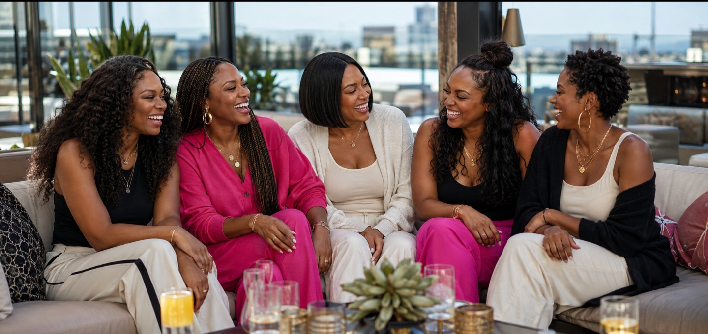 Cinematic lifestyle image of women laughing and networking
