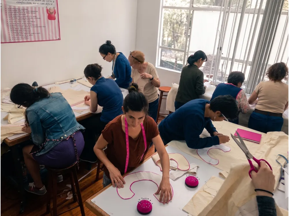 Grupo de alumnas en un taller de Sistema CyC trabajando con precisión en el trazado de patrones sobre mesas blancas, utilizando cintas métricas y herramientas profesionales de confección