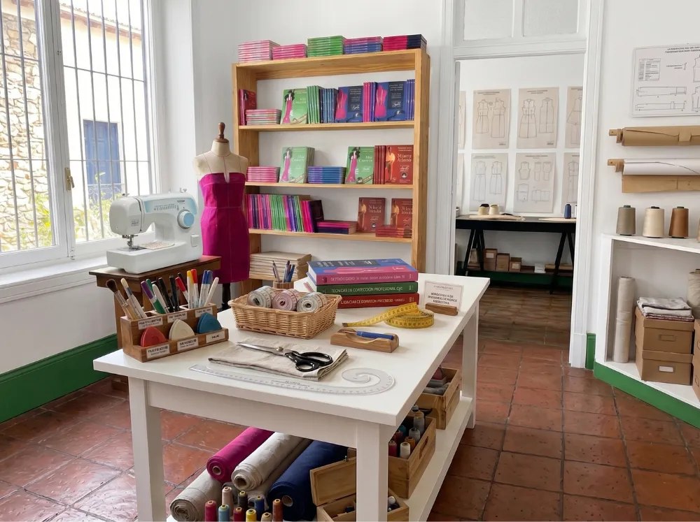 Materiales esenciales de Sistema CyC: los libros de texto oficiales (Niña y Adulta, Niño y Adulto, Alta Costura), herramientas de precisión como gredas, cintas métricas y reglas de patronaje, junto a equipo de confección profesional