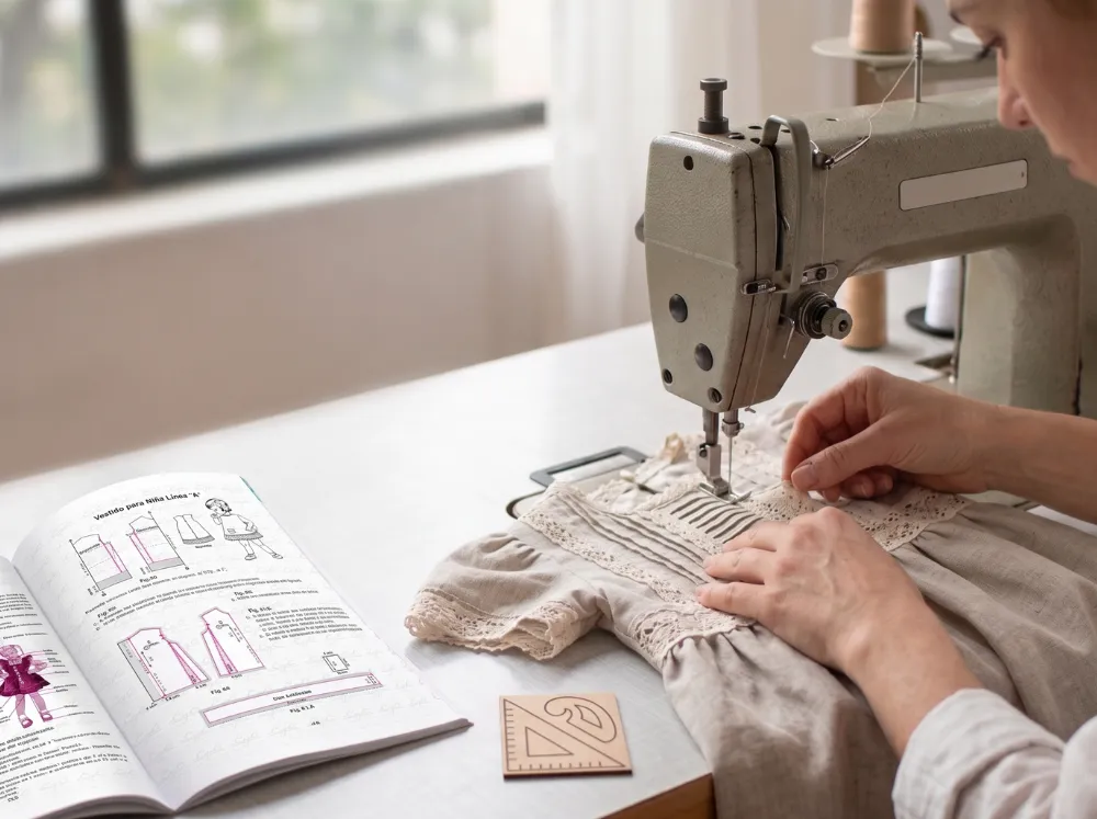 na costurera trabaja en un taller de costura, vista de perfil derecho, cosiendo un vestido infantil de lino de color crema con jaretas y encaje. Sus manos guían la tela bajo el pie prensatelas de una máquina de coser industrial vintage. A la izquierda, en la mesa de trabajo, hay un libro abierto del Sistema CyC que muestra diagramas y texto en español con títulos como 'Reglas generales para la lectura e interpretación de un figurín' y 'Vestido para Niña Línea 'A''. Dos pequeños bloques de madera con el logotipo de 'SISTEMA CyC' están cerca.