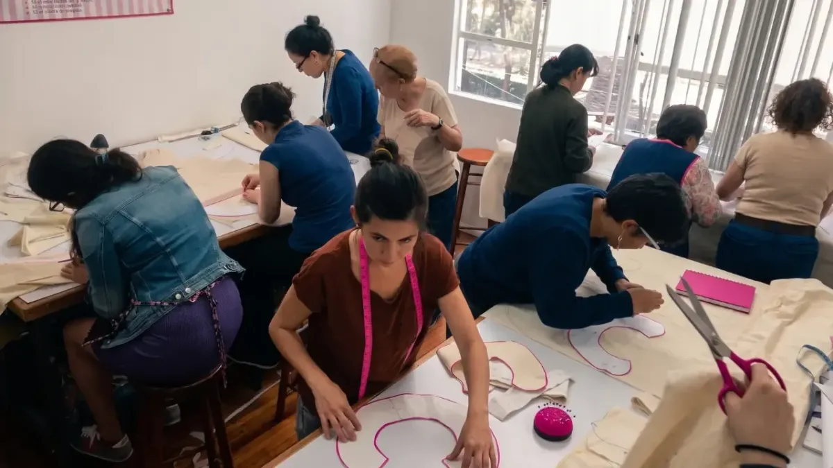 Grupo de alumnas en un taller de Sistema CyC trabajando con precisión en el trazado de patrones sobre mesas blancas, utilizando cintas métricas y herramientas profesionales de confección