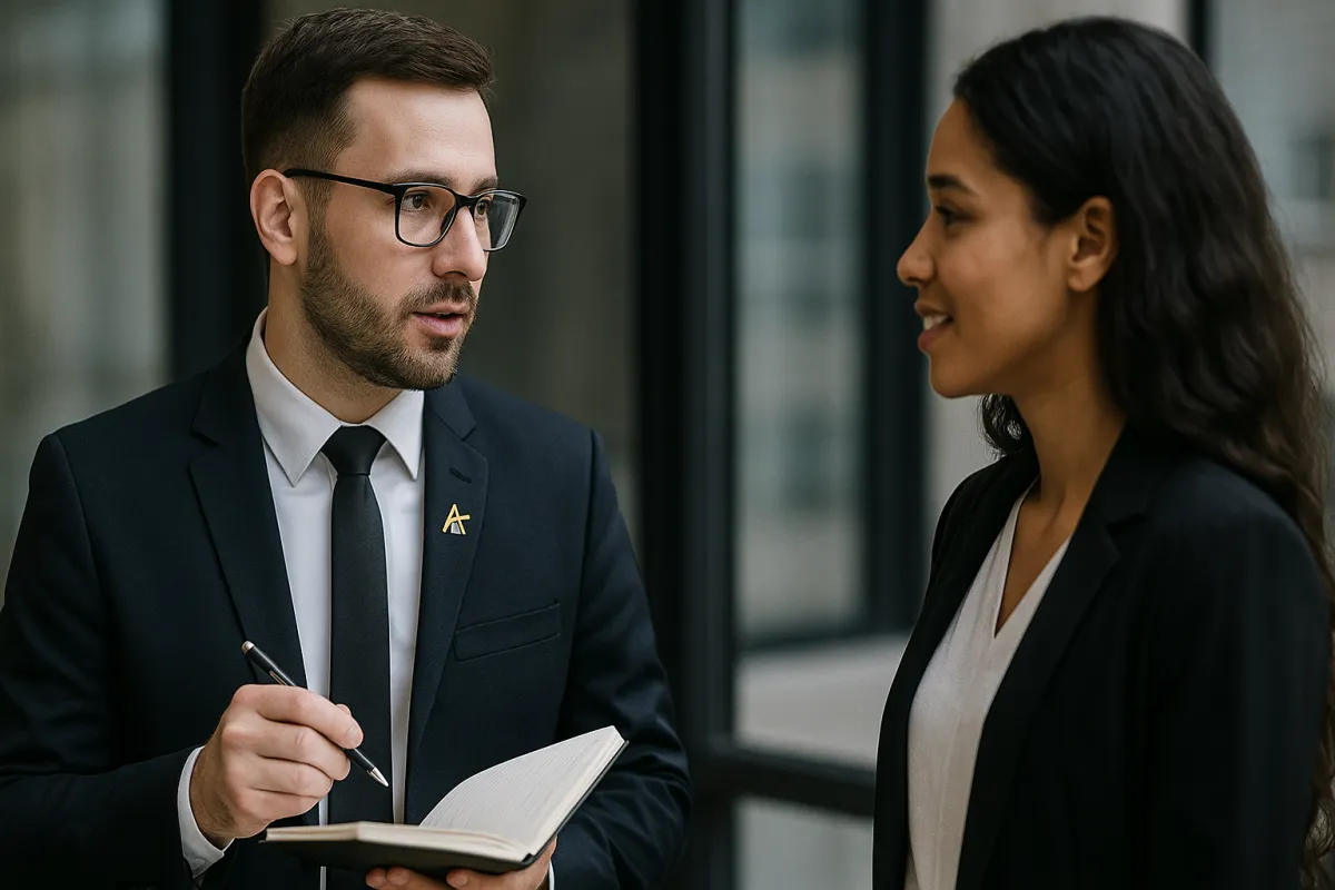 Man in suit holding clipboard talking to woman